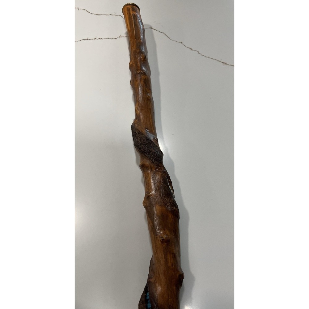 Hand Carved Wooden Walking Stick Spiral Cane with Turquoise Silver Inlay 51" - Picture 9 of 13
